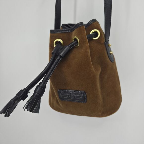 Dooney & Bourke Handbags - Vintage Dooney & Bourke Brown Velvet Drawstring Bucket Bag Black Leather Trim